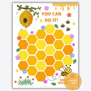 May include: A printable reward chart featuring a yellow honeycomb with 36 spaces to color in. The chart has the text "You Can Do It!" at the top and a bee with a smiling face at the bottom. The chart is decorated with flowers and leaves.
