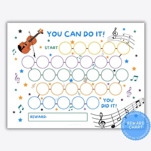 May include: A printable reward chart with a musical theme. The chart features a violin, musical notes, and stars. It has a section for a reward and a section for the child to mark their progress. The text on the chart reads "You Can Do It!" and "You Did It!"