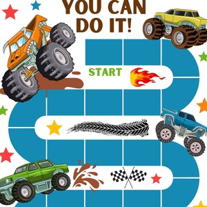 May include: A blue and green monster truck game board with the words "You Can Do It!" and "Start" printed on it. The board features a track with three monster trucks, one orange, one yellow, and one blue.