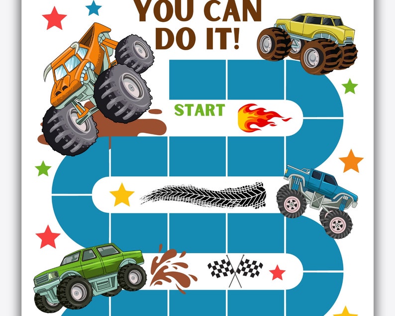 May include: A blue and green monster truck game board with the words "You Can Do It!" and "Start" printed on it. The board features a track with three monster trucks, one orange, one yellow, and one blue.