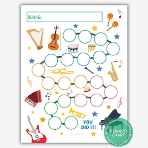 May include: A printable reward chart featuring a colorful musical instrument theme. The chart has a space for a name at the top and a path of circles to color in as rewards are earned. The path leads to a "You Did It!" banner at the end.