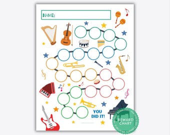 Printable Music Reward Chart, Music Practice, Violin Practice Chart, Piano Practice Chart, Preschool Classroom, Instrument Sticker Chart