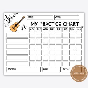 May include: A black and white "My Practice Chart" printable with a guitar illustration and musical notes. Includes sections for name, week, and daily practice tracking. Features reward, goal, and total sections.