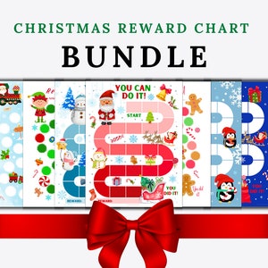 May include: A Christmas reward chart bundle featuring multiple vertical sheets with colorful holiday illustrations including Santa, elves, snowmen, penguins, gingerbread men, and reindeer. Each chart contains circular spaces for tracking progress.