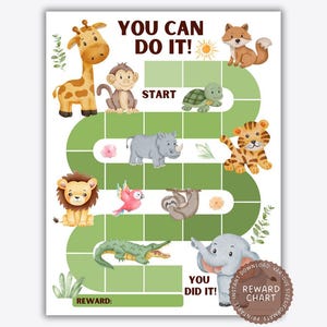 Printable zoo animal reward chart with a winding green path, featuring watercolor illustrations of a giraffe, monkey, tiger, elephant, and other safari animals, with text reading You Can Do It! and You Did It!