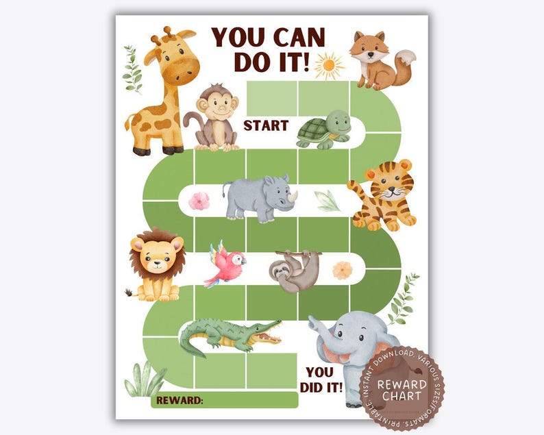 Printable zoo animal reward chart with a winding green path, featuring watercolor illustrations of a giraffe, monkey, tiger, elephant, and other safari animals, with text reading You Can Do It! and You Did It!