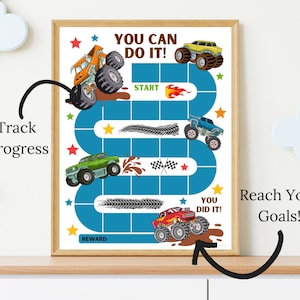 May include: A blue and white monster truck themed chart with the text "You Can Do It!" at the top. The chart has a blue track with stars and tire tracks. The chart has the text "Start" and "You Did It!" at the bottom. The chart is framed in wood.