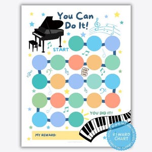 Op de afbeelding: Een kleurrijk beloningsschema met de tekst "You Can Do It!" toont een piano, muzieknoten en steraccenten. De grafiek bevat een pad van cirkels in verschillende kleuren, met de woorden "START" en "YOU DID IT!" op de grafiek.