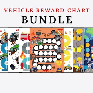 Fahrzeug-Belohnungstafel-Bündel, Monstertruck, Feuerwehrauto, Rakete, Kipplaster, Rennauto, Töpfchen-Training, Verhaltenstafeln, printable Download