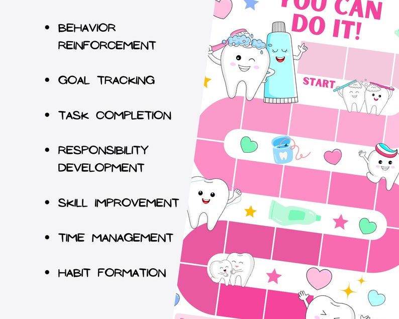 May include: A pink and white game board with a tooth character on each space. The game board is designed to help children learn about good oral hygiene. The text on the board says "You Can Do It!" and "Start".