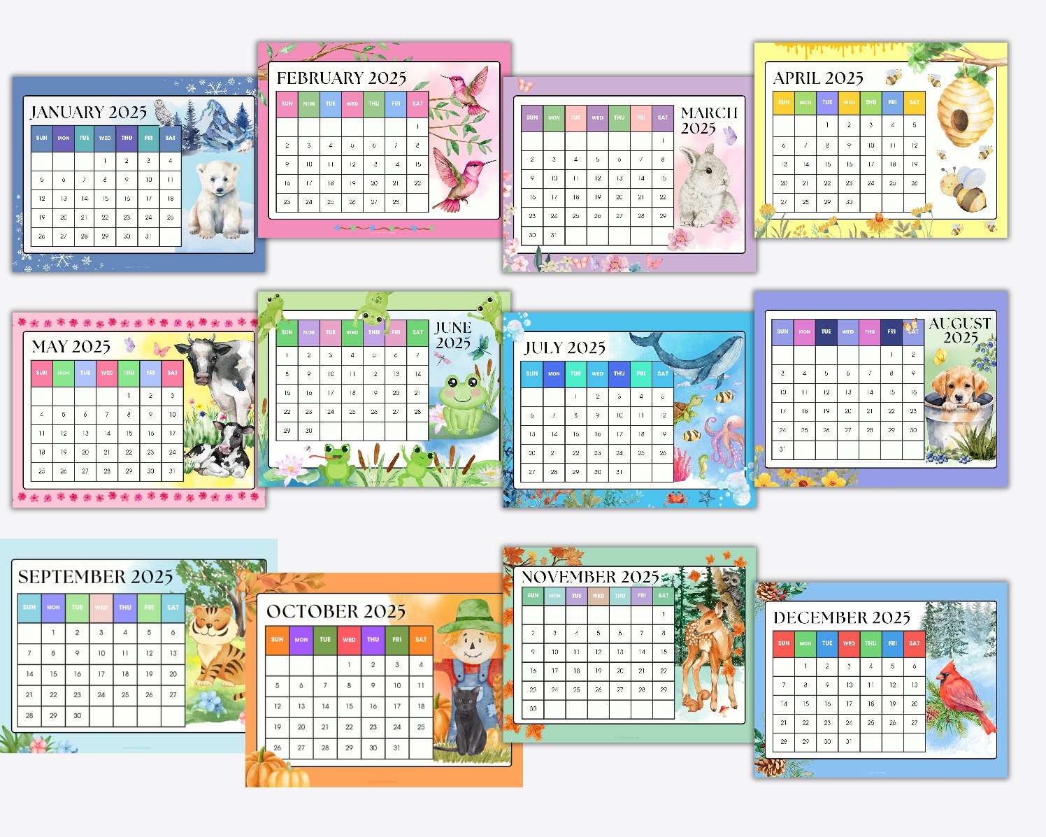 2025-printable-calendar-pages-cute-kids-calendar-instant-download-pdf-animal-theme-etsy