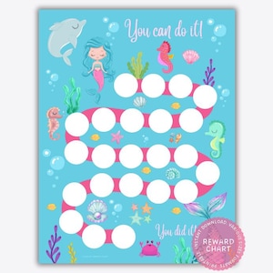Tabla de pegatinas de sirena, tabla de recompensas para niños pequeños, rastreador de rutina de sueño, tabla de comportamiento, tabla de entrenamiento para ir al baño en el océano, tabla de incentivos para niñas