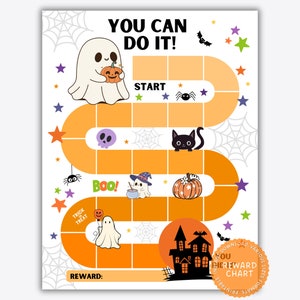 Puede incluir: Un gráfico de recompensas de Halloween con un fantasma, un gato negro y una casa embrujada. El gráfico presenta un camino naranja con espacios para pegatinas, el texto "YOU CAN DO IT!" y "REWARD:" sobre un fondo blanco.