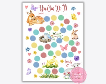 May include: A printable reward chart featuring a colourful spring theme with a deer, a bird, a bunny, ducklings, and a lamb. The chart has a space for a child's name and a section for stickers or other rewards. The text "You Can Do It!" and "You did it!" are included on the chart.