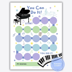May include: A reward chart featuring a piano, musical notes, and stars. The chart has a path of green, blue, and purple circles, with the text "You Can Do It!" and "You Did It!" It includes space for a reward, ideal for tracking progress.