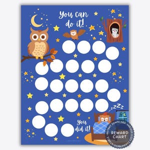Könnte beinhalten: Ein blauer druckbarer Belohnungs-Chart mit einer Cartoon-Eule, Sternen und einer schlafenden Eule. Der Chart hat 20 Kreise zum Ausmalen als Belohnungssystem. Der Text auf dem Chart lautet "You can do it!" und "You did it!"