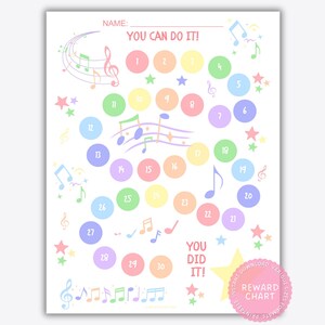 Può includere: Un grafico di ricompensa stampabile con un tema musicale. Il grafico presenta una spirale di cerchi colorati con i numeri da 1 a 30. I testi "You Can Do It!" e "You Did It!" sono presenti sul grafico. Stelle e note musicali sono sparse su tutto il grafico.