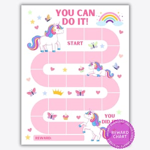 May include: A pink and white printable reward chart featuring a unicorn theme. The chart has a path with spaces for stickers or stamps. The text "You Can Do It!" is at the top of the chart.
