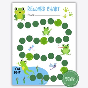 Puede incluir: Un gráfico de recompensas imprimible con una rana verde saltando sobre nenúfares. El gráfico tiene un espacio para el nombre de un niño y una sección que dice "You Did It!"