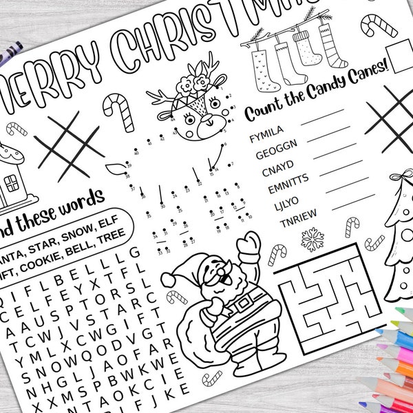 Christmas Activity Placemat, Christmas Coloring Placemat, Printable Holiday Activity Mat, Printable Christmas Placemat for Kids