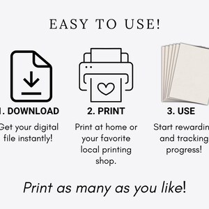 Instructional infographic titled Easy To Use with three steps showing icons for downloading a file, printing it with a heart on the paper, and using the resulting stack of pages.