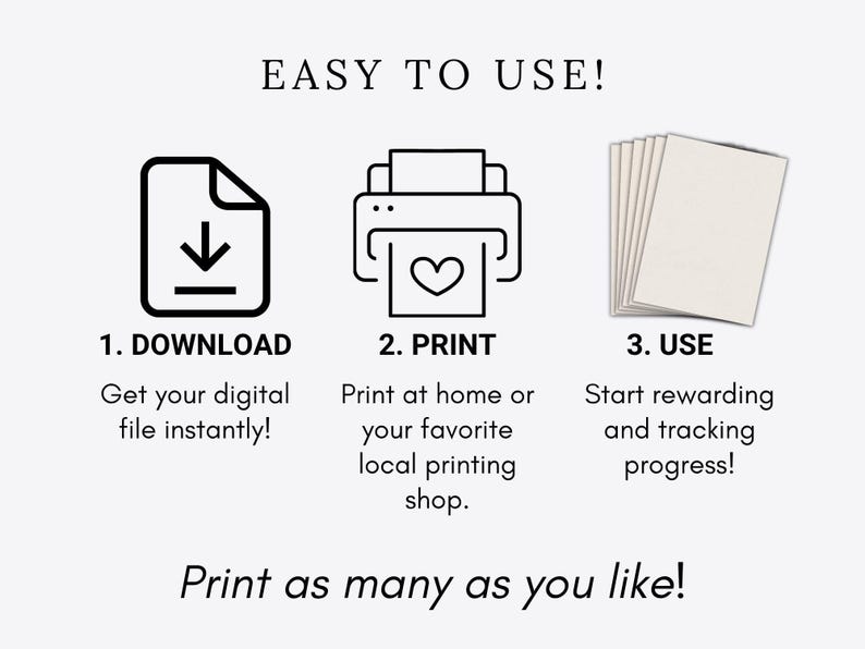 Instructional infographic titled Easy To Use with three steps showing icons for downloading a file, printing it with a heart on the paper, and using the resulting stack of pages.