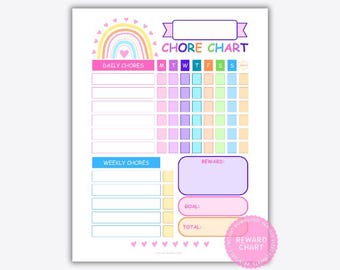 Rainbow chore chart, kids reward chart, printable behavior tracker, sticker chart, habit organizer, family routine chart