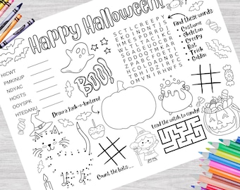 May include: A black and white Halloween activity sheet featuring a word search, a dot-to-dot cat, a maze, and a pumpkin to draw. The page includes text such as Happy Halloween, Boo, and Find these words, surrounded by illustrations of ghosts, bats, and candy.