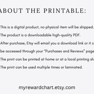 Informational text graphic titled About The Printable detailing that it is a digital product delivered via email as a high-quality PDF to be printed at home or laminated.