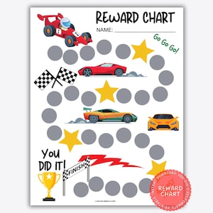 Rennwagen-Belohnungstabelle, Belohnungstabelle Autos, bedruckbar, druckbar, bedruckbar, Racing Chore Chart für Kinder, Verhaltensbelohnungs-Routine-Tracker, belohnen Sie Ihre Kinder