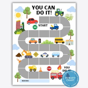 Może przedstawiać: Drukowana tabela nagród przedstawiająca drogę z różnymi pojazdami, w tym ciężarówką, autobusem, samochodem, traktorem i wozem strażackim. Tabela ma tytuł "You Can Do It!" i sekcję "Nagroda" na dole.