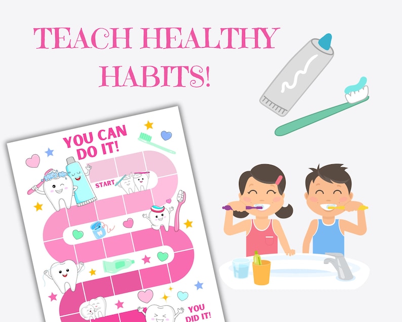 May include: A pink and white game board with the words "You Can Do It!" and "You Did It!"  The game board features cartoon teeth and a toothbrush.  The game board is designed to teach healthy habits.
