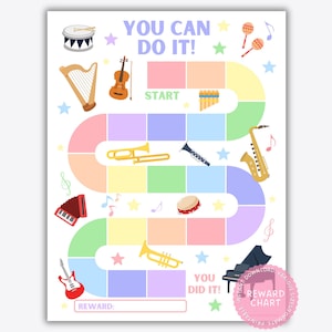 May include: A colorful printable board game for kids featuring musical instruments. The game board has a winding path with spaces for players to land on. The game includes a start space, a you did it space, and a reward space. The game is designed to help kids learn about music and have fun.