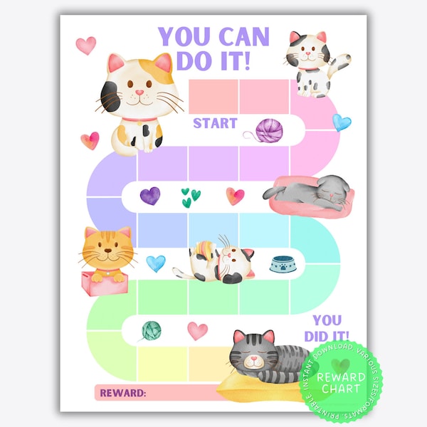 Printable Cat Reward Chart, Potty Training Chart, Kids Reward Chart, Classroom Behavior Incentive, Girls Behavior Chart, Sticker Chart Girl