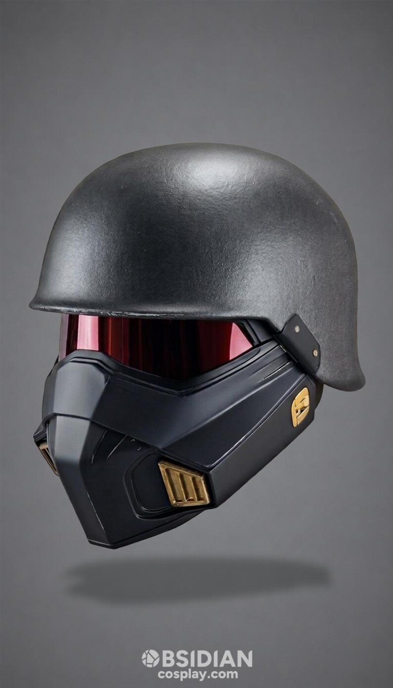 May include: A matte dark gray helmet featuring a smooth rounded dome, a deep red tinted visor, and a black lower face mask with gold-colored rectangular vents on the sides. The text OBSIDIAN cosplay.com is printed in white at the bottom center.
