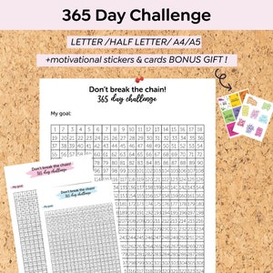 365 Day Challenge, Goal Tracker Printable, 365 Days of Habit Tracker, Yearly Challenge Print, Daily Tracker Checklist, A5 Undated Digital