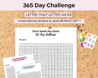 365 Day Challenge, Goal Tracker Printable, 365 Days of Habit Tracker, Yearly Challenge Print, Daily Tracker Checklist, A5 Undated Digital