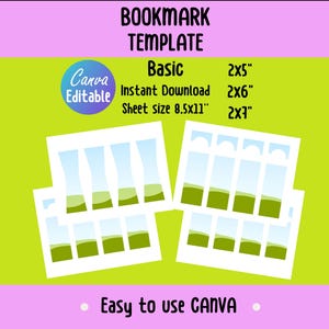 Puede incluir: Una plantilla de marcador de página imprimible con un diseño básico. La plantilla es para usar con Canva e incluye diseños de marcadores de página 2x5, 2x6 y 2x7. El tamaño de la hoja es de 8,5x11 pulgadas.