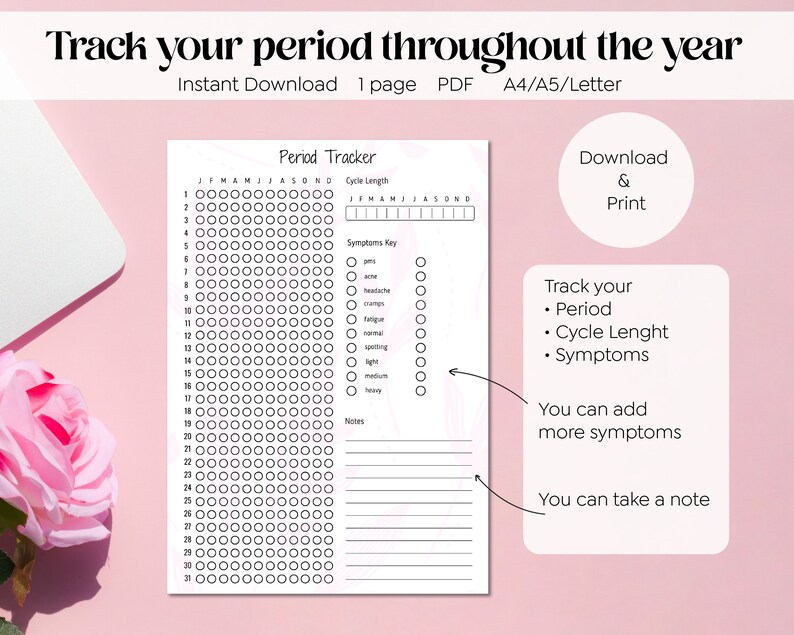 Printable Period Tracker, Period Journal,period Calendar, Symptom Tracker, Ovulation Tracker ...