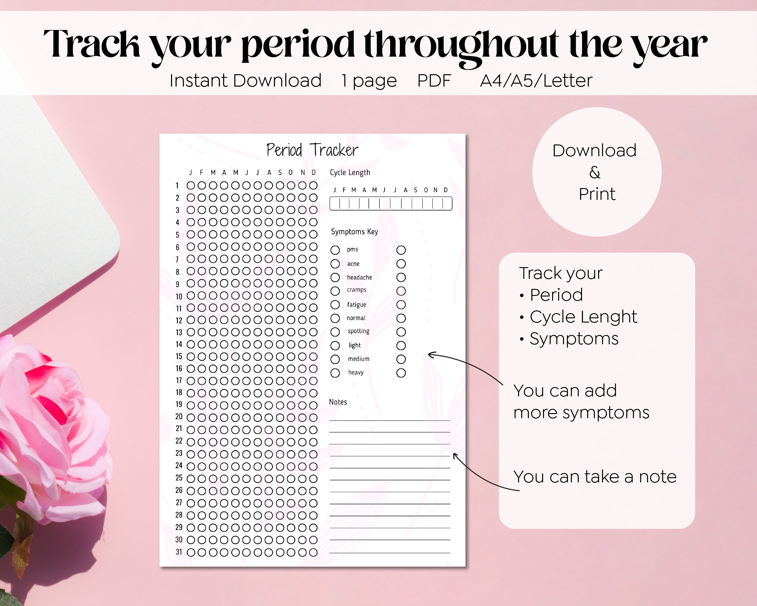 Printable Period Tracker, Period Journal,period Calendar, Symptom Tracker, Ovulation Tracker ...