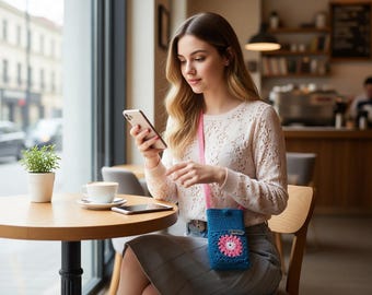 Handgemaakt boho gehaakt telefoontasje met bloemenmotief, verstelbare schouderband, draagbaar etui, klein lichtgewicht tasje, cadeau voor haar