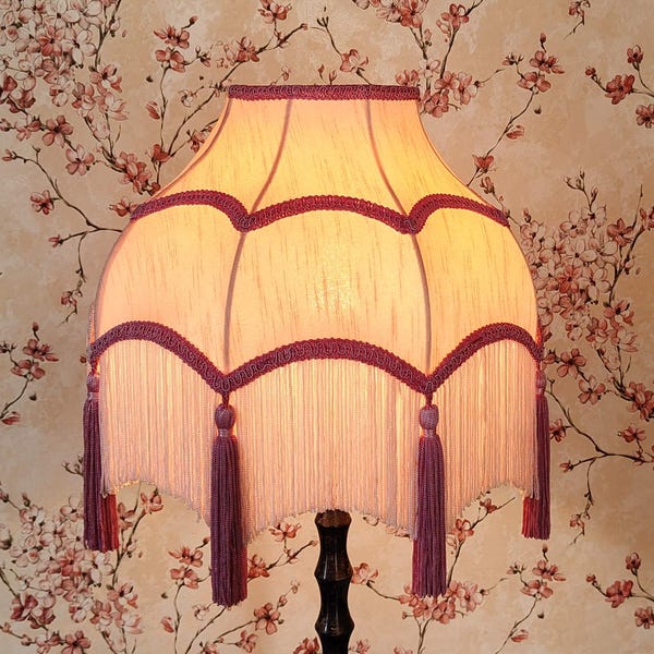 Pink Silk Scallop Lampshade with Rayon Fringe: Victorian Style