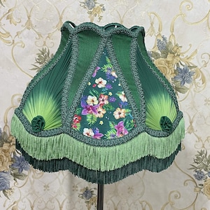 Green Floral Print Lampshade: Handmade Victorian Style with Fringe