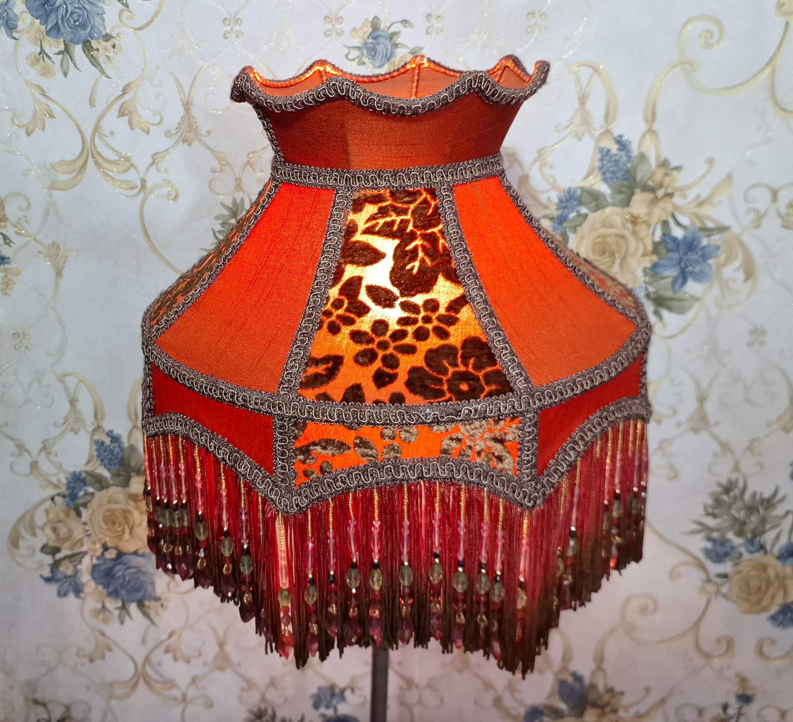Victorian Lampshade: Orange Brown Velvet Crown With Beaded Fringe