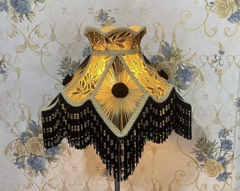 Gold & Black Lampshade: Beaded Fringe Victorian Style