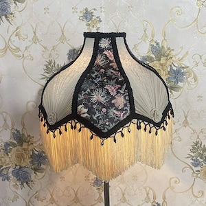 Black Floral Lampshade: Handmade Victorian Style with Beaded Fringe
