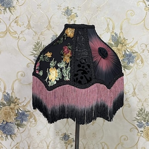 Black Floral Victorian Lampshade: Square Mini Shade with Ombre Fringe