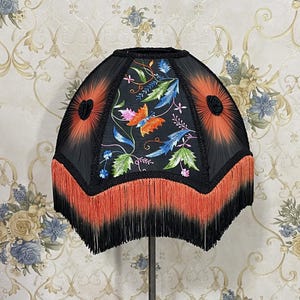 Handmade Scallop Dome Lampshade: Gothic Orange Embroidery with Ombre Fringe