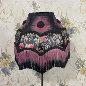 Black Floral Print Lampshade: Vintage Style Dome with Rayon Fringe