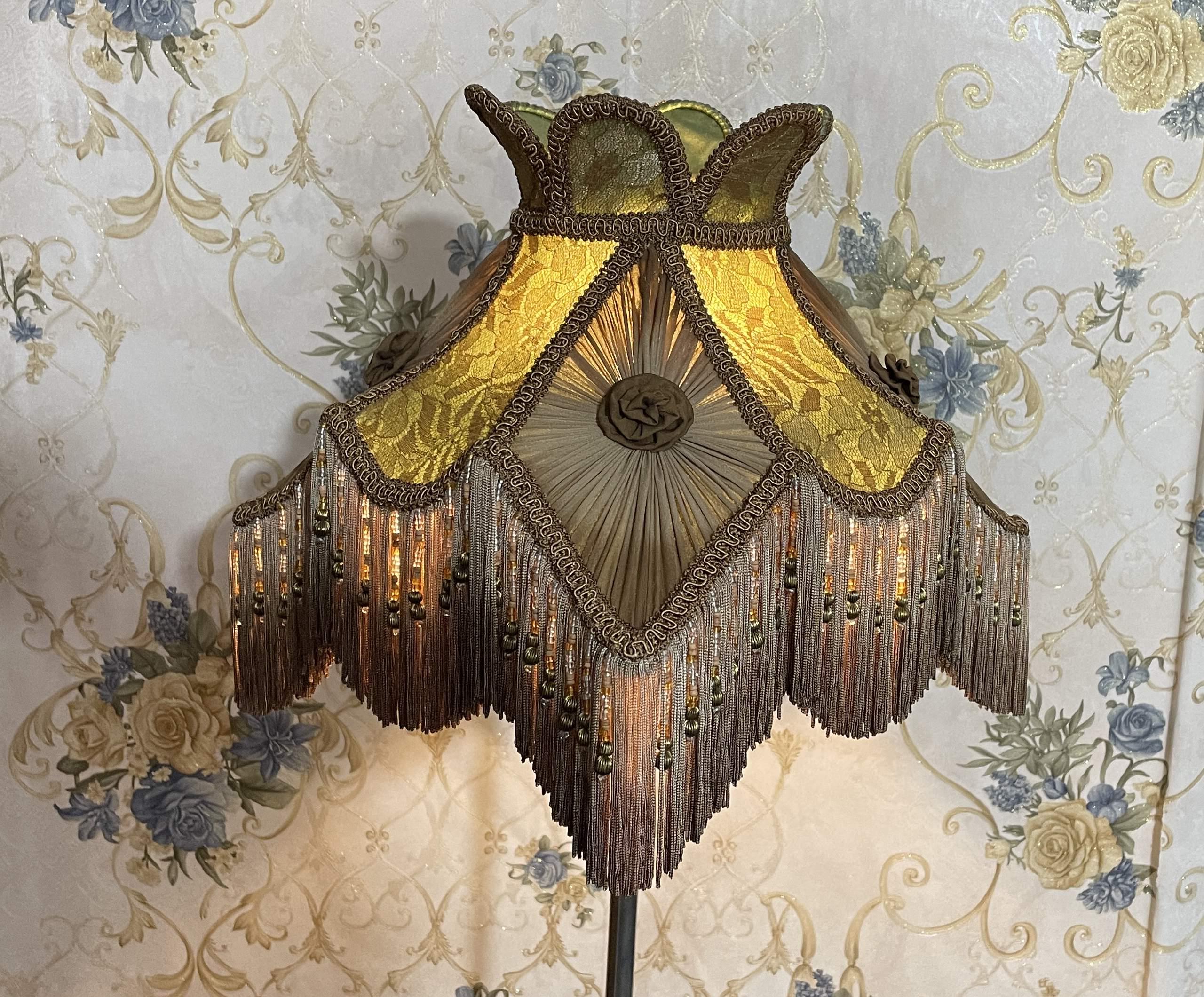 Handmade Victorian Lampshade: Lotus Gold Lace with Beaded Fringe